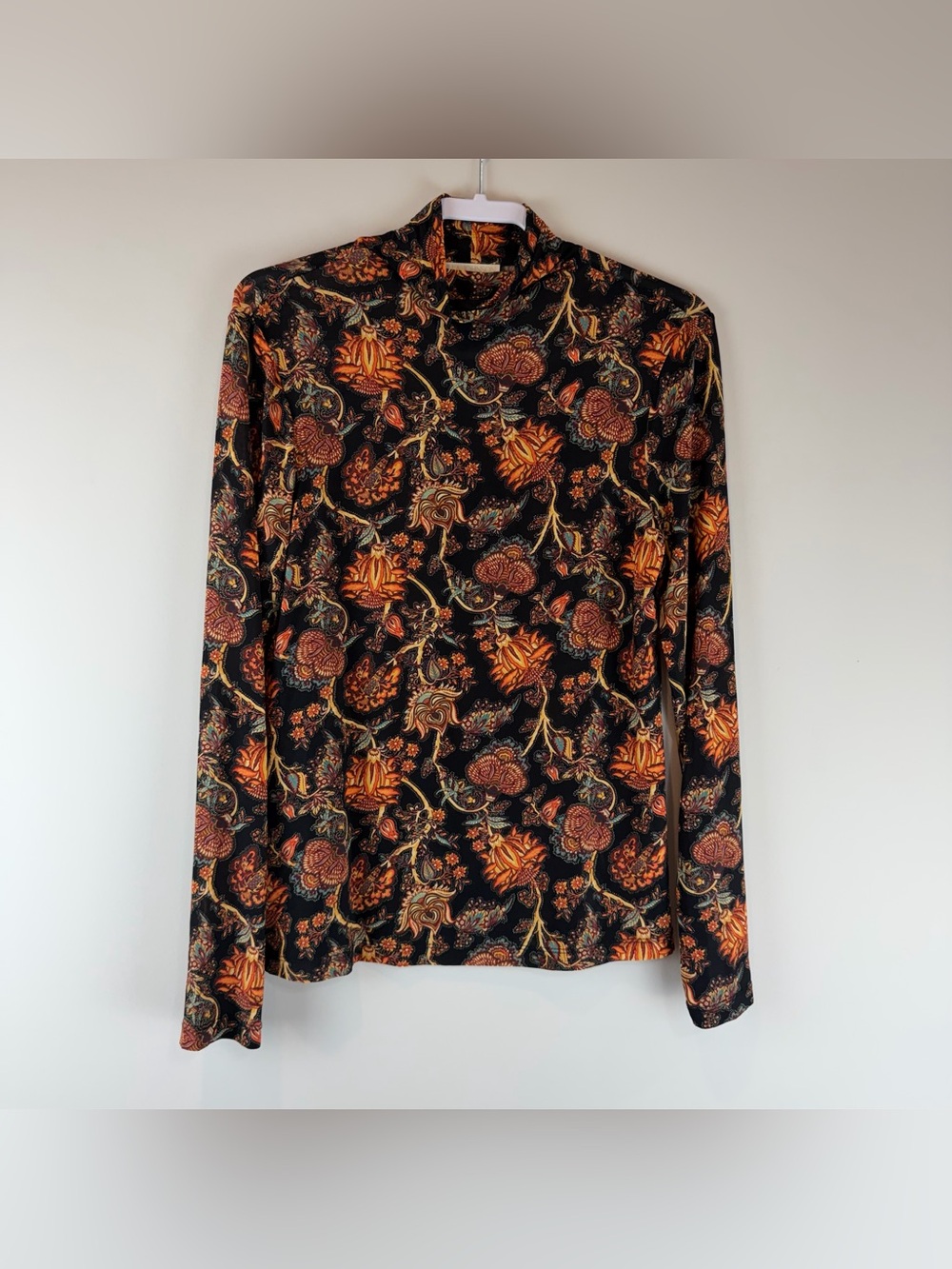 Ulla Johnson Black Orange Floral Paisley Long Sleeve Aurelia Turtleneck Top XL